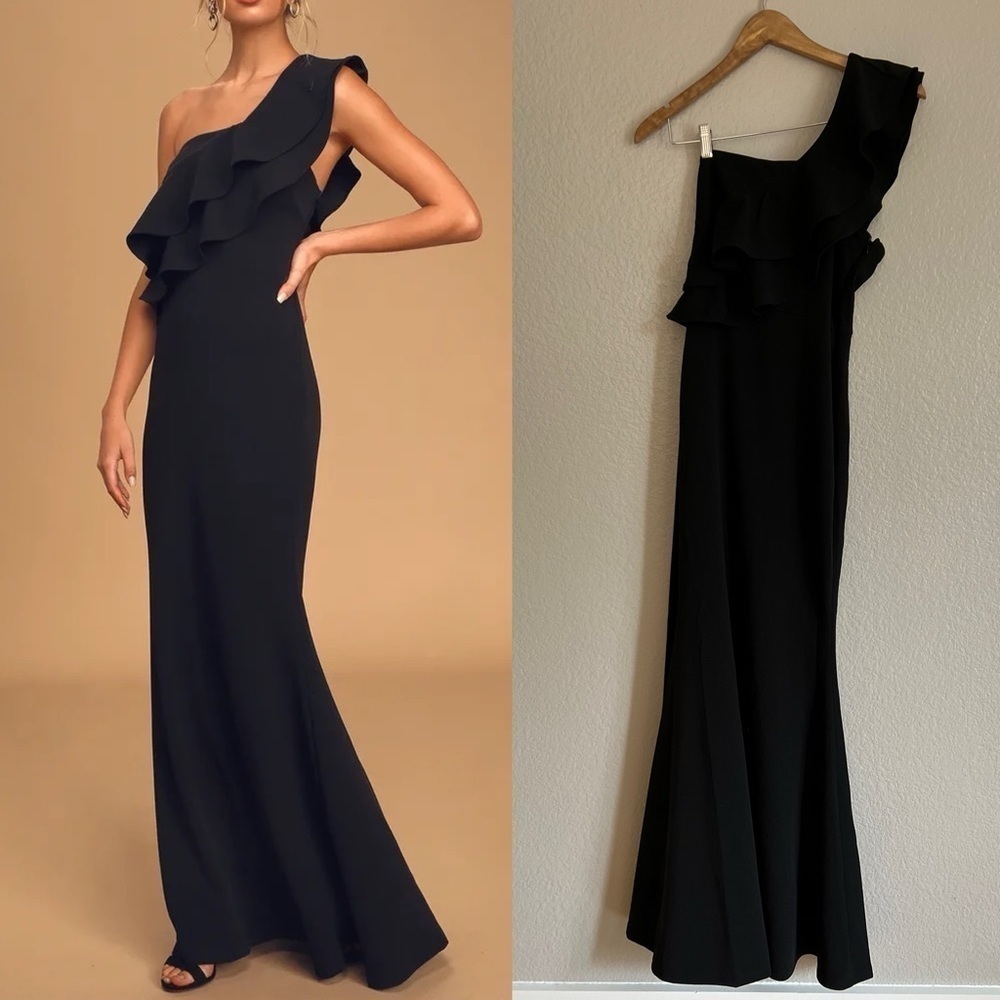 Grand Beauty Black Ruffled One-Shoulder Mermaid Maxi Dress